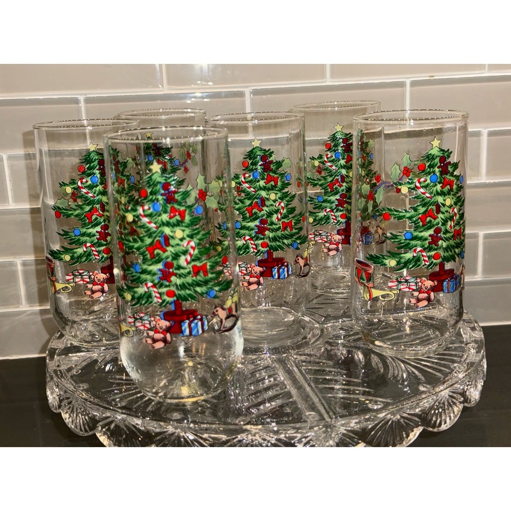 Set of 6 Vintage Luminarc CHRISTMAS TREE NOEL 16 oz Drinking Glasses Tumblers